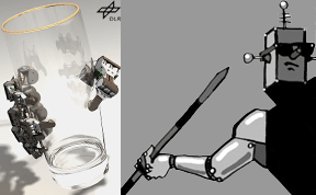 artificial DLR hand grabs a glass; humanoid robot javelin thrower cartoon by Juergen Schmidhuber